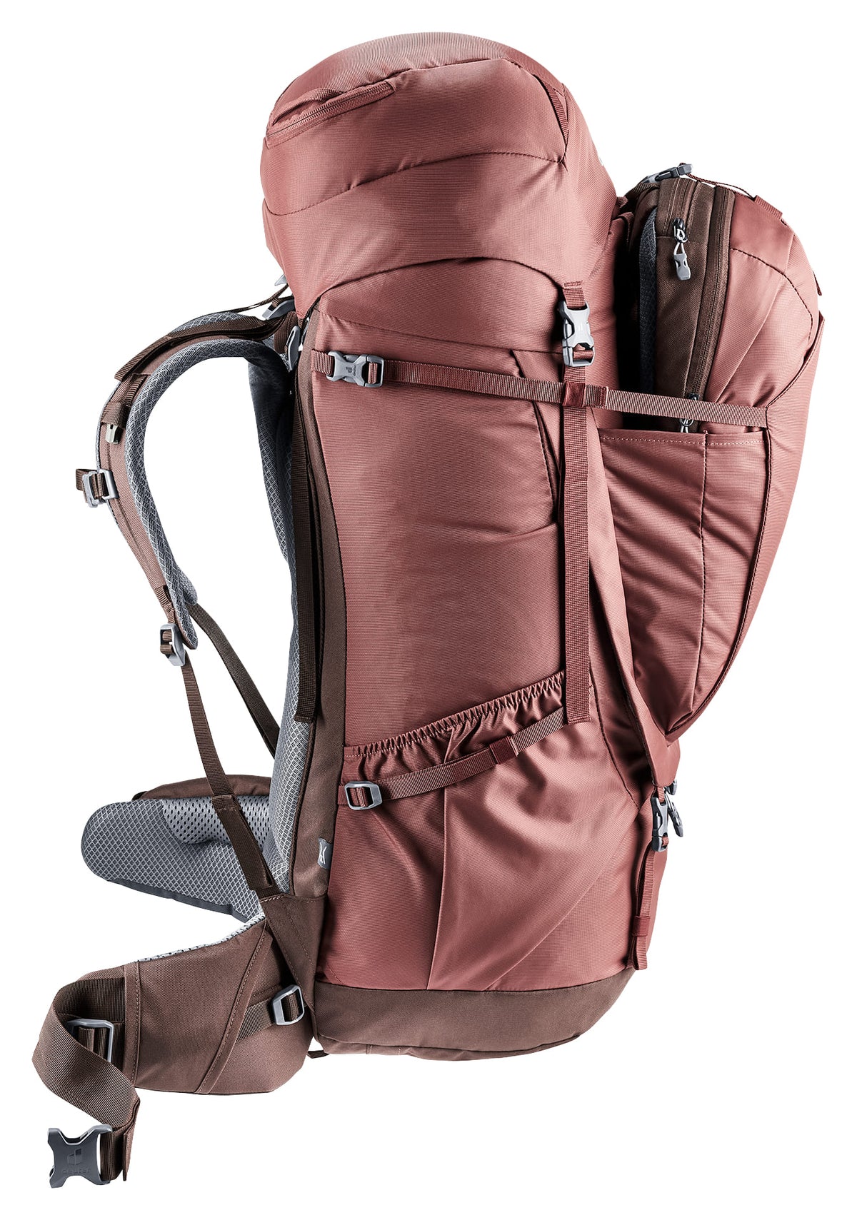 wanderrucksack 60 l deuter Voyager 60+10 SL Ergonomischer Reiserucksack für Frauen DT Swiss RWS Alu luxury leather Backpack Farbe:Grau/Lila